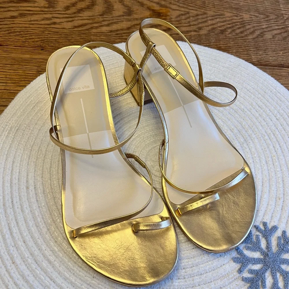 Dolce Vita Metallic Gold Strappy Block Heel Sandals - Picture 2 of 7